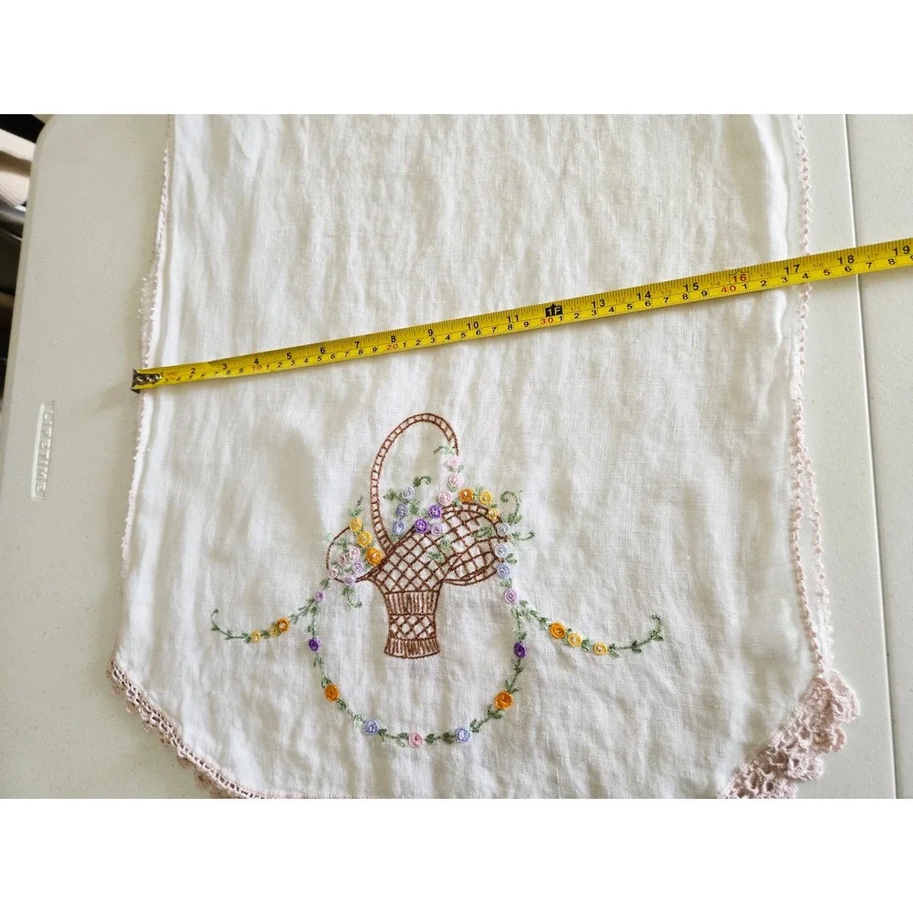 Vintage‎ Hand Embroidered White Linen Table Runner Floral Basket Lace 42x18